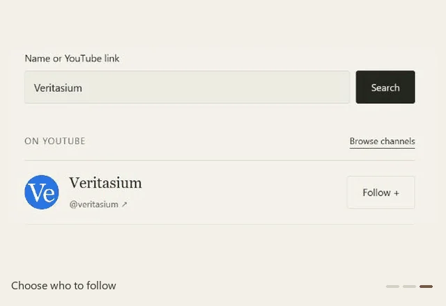 BingeRead channel search showing Veritasium and its Follow button.