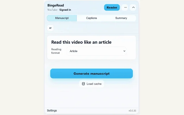 BingeRead panel beside a YouTube video, with Generate manuscript ready to choose.