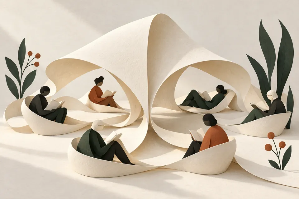 An illustrated continuous sheet of paper opens into a shared space where several people read.